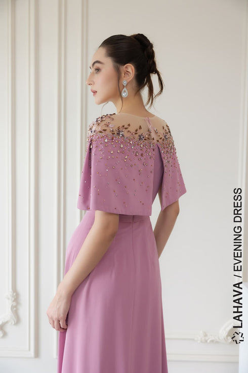 Cape sleeves beaded evening gown